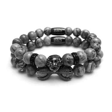 Man Bracelets - Men’s Beaded Bracelets - Black Lion & Grey Stones Set - Men’s Bracelet Bracelet XS (14-15cm) Brother & Sisters